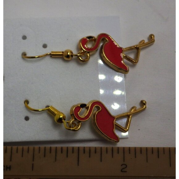 Pink Flamingo Earrings  Enamel Dangle Drop Hook - Picture 3 of 4
